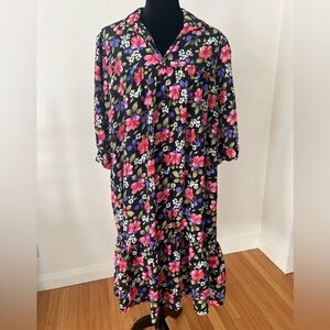 Vintage T&L Muumuu Factory Hawaiian Floral Print Black Pink Purple Maxi Dress
